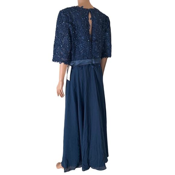 JJ's House A-line Boat Neck Illusion Maxi Lace Chiffon Dress Sequins Navy Blue - Picture 4 of 9